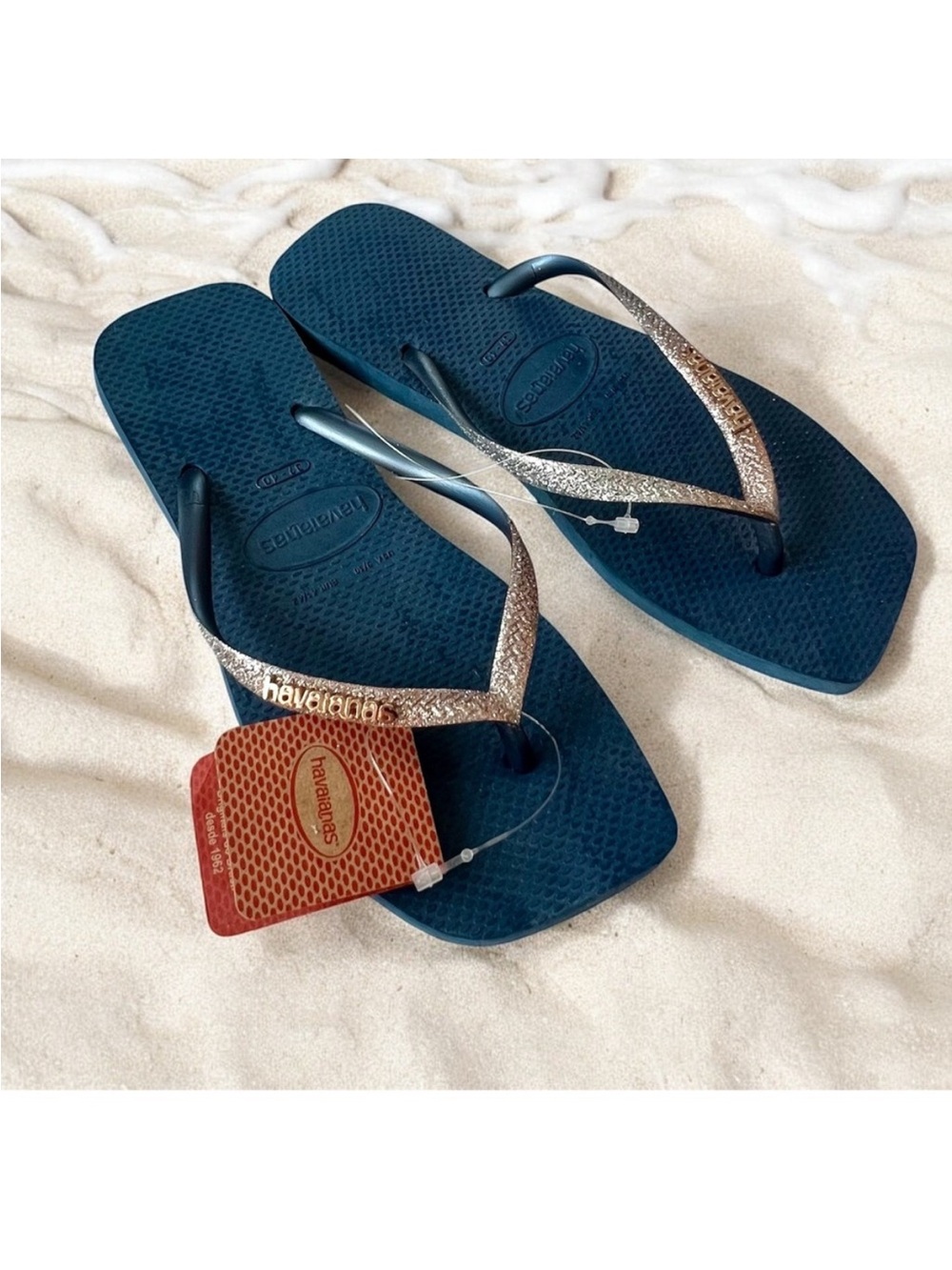 Havaianas Square Trim Glitter Flip Flops Indigo Blue Rose Gold Logo Size 9/10